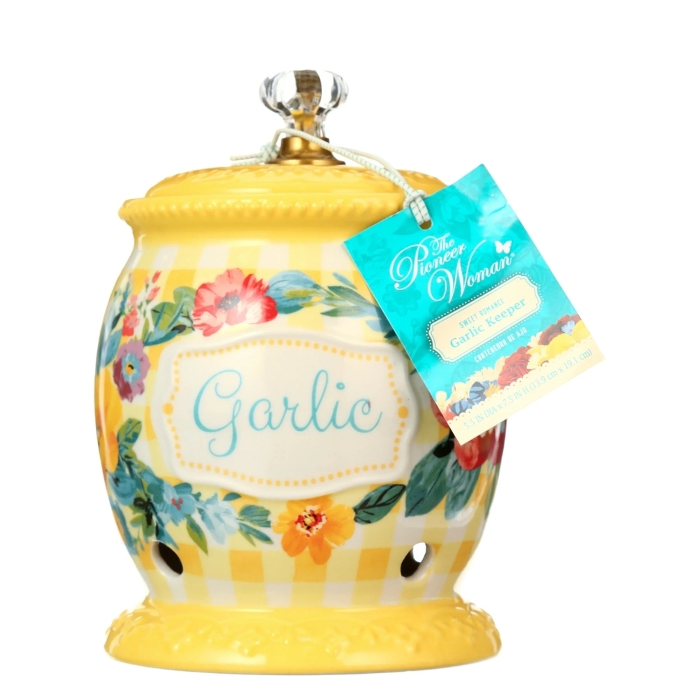 ❤️ New The Pioneer Woman Yellow Gingham Garlic Keeper